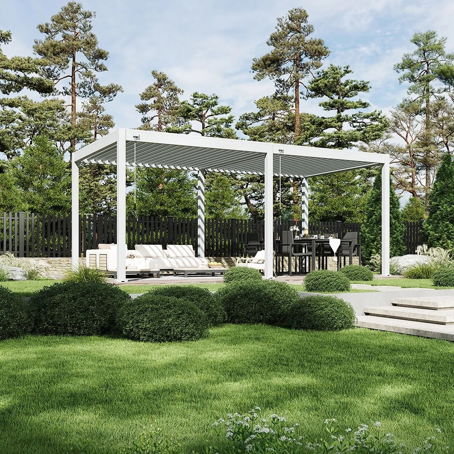 Weiße freistehende Aluminium-Pergola mit verstellbaren Lamellen im Garten, schafft geschützten Wohnraum.