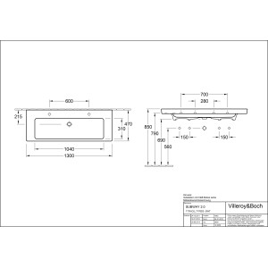 Technische Zeichnung: Villeroy & Boch Subway 2.0 Doppelwaschbecken, 130 cm, Alpinweiß, mit Maßangaben.