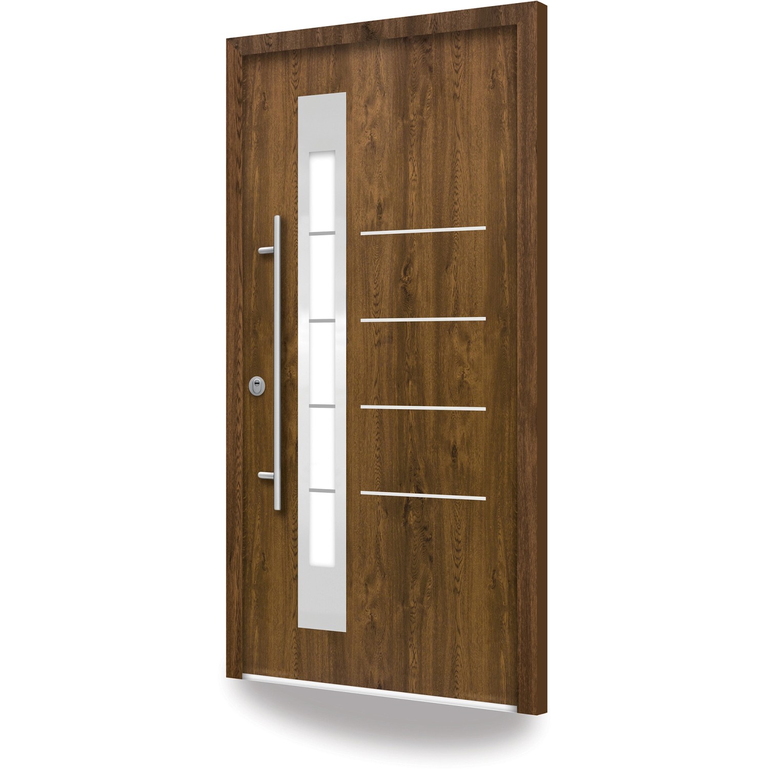 Splendoor Sicherheits-Haustür Berlin Prime RC2 Nussbaum, mit Glaseinsatz und Edelstahl-Applikationen.
