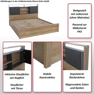 King Size Bett P43 in Wotan-Eiche-Optik/Weiß mit Lattenrost und Staufächern.