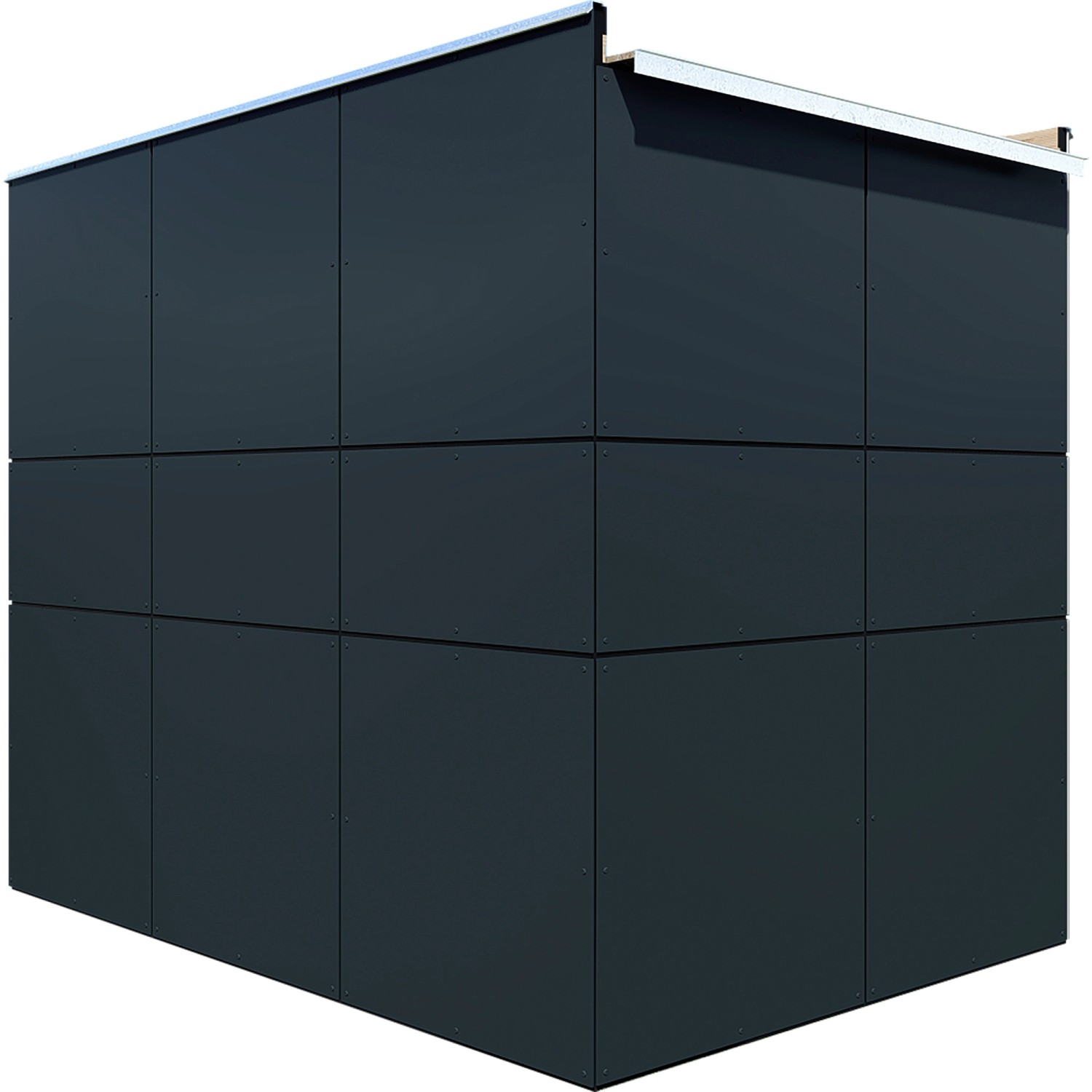 Modernes, anthrazitfarbenes Bertilo Gartenhaus Bike Port aus HPL, 155x229 cm. Holz-Gartenhaus mit glatter Fassade.