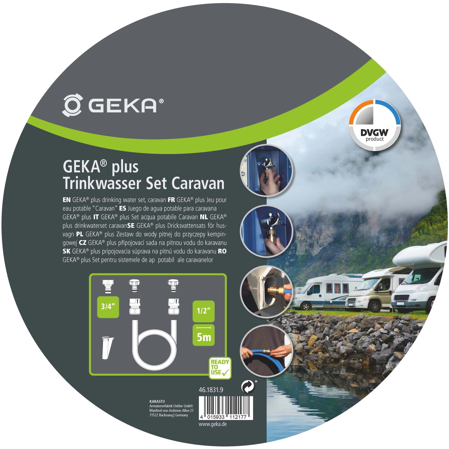 Geka Trinkwasser-Set für Caravan, blau-messingfarben, mit Schlauch und Adaptern.