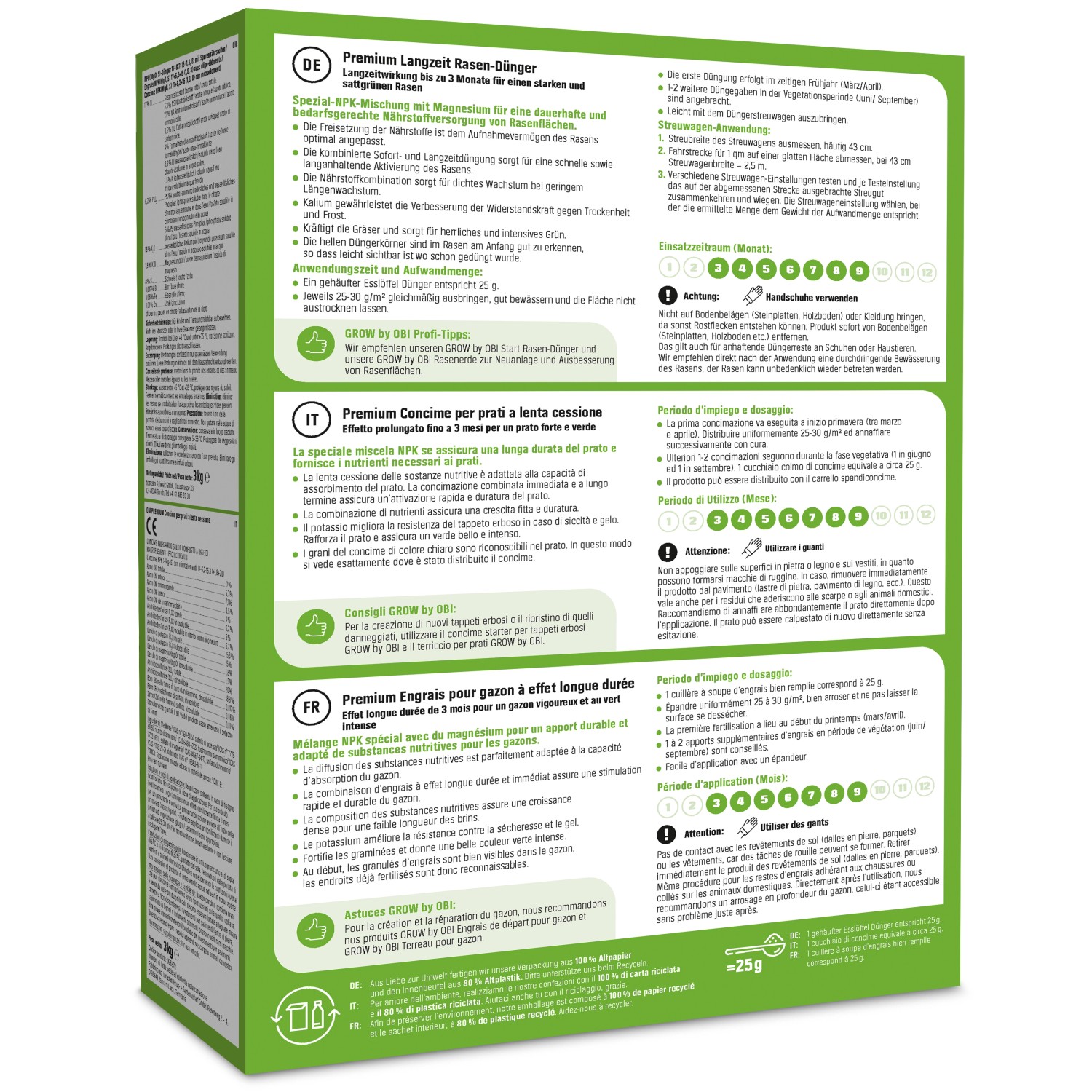 OBI Premium Langzeit-Rasendünger 3 kg für dichten, grünen Rasen.