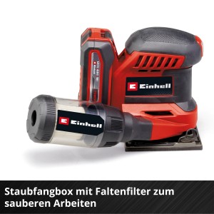 Einhell Akku-Faustschleifer TE-OS 18/113 Li-Solo mit Staubfangbox. Kompakte Schleifmaschine für Holz und mehr.