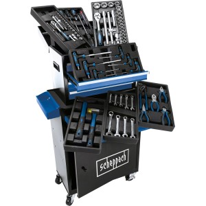 Scheppach Werkstattwagen TW1200 mit 70-teiligem Werkzeugset, Schubladen geöffnet.