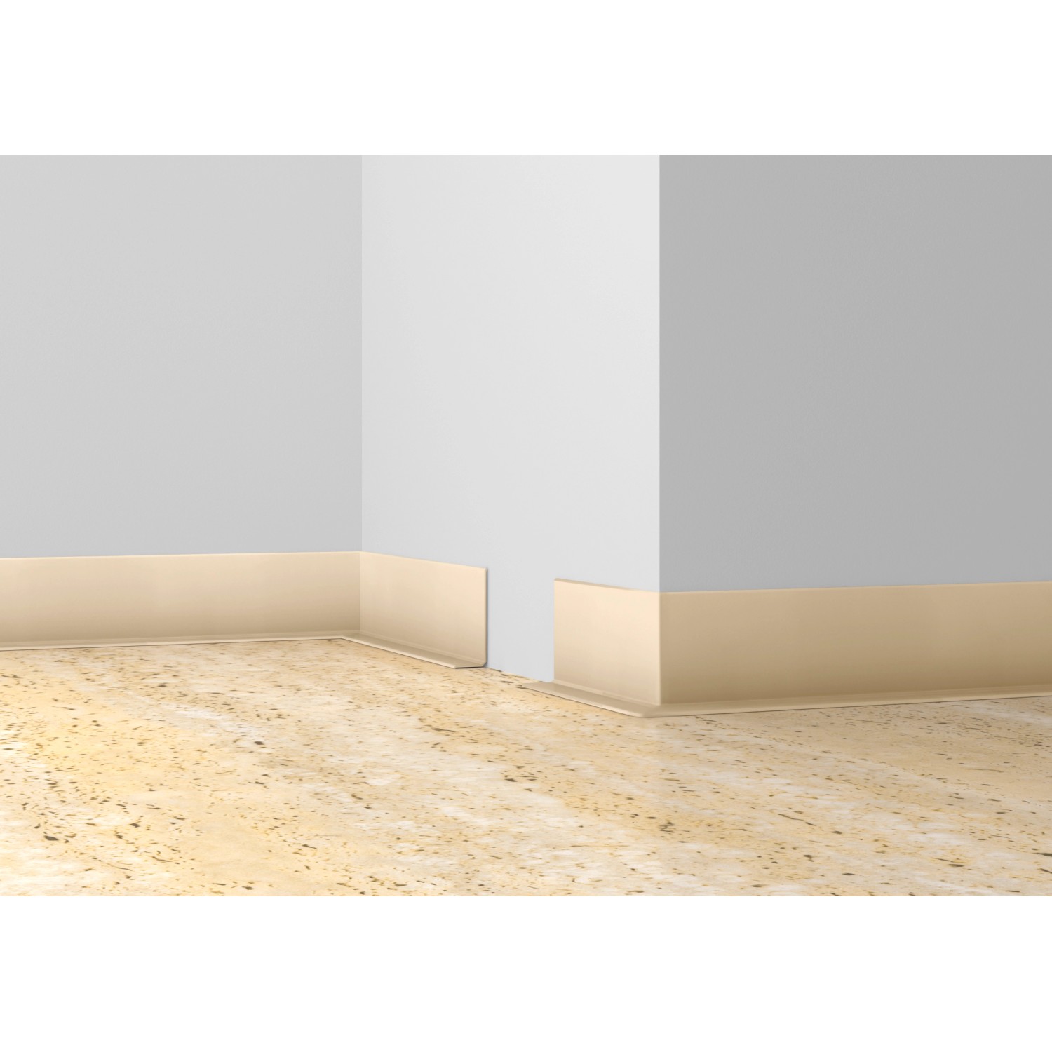 Graue, selbstklebende Knickwinkel Sockelleiste (48 mm x 13 mm x 10000 mm) im Raumeck.