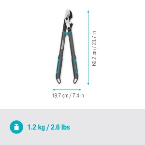 Gardena Astschere EnergyCut Pro S, Bypass-Schneidprinzip, graue Griffe mit türkisen Akzenten, Maße eingezeichnet.