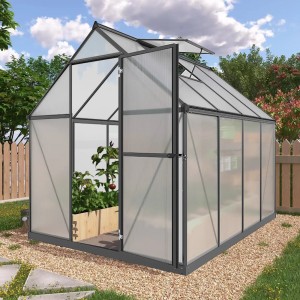 Floraworld Gewächshaus Grow III mit geöffneter Tür und Dachfenster, Aluminiumrahmen.
