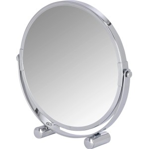 Verchromter Wenko Kosmetikspiegel Mera mit runder Spiegelfläche und Standfuß.