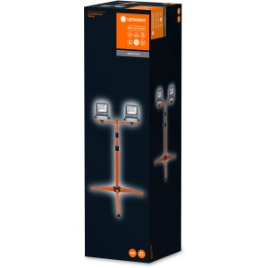 Verpackung des Ledvance LED-Arbeitslicht Worklight Tripod mit Stativ und zwei LED-Baustrahlern.