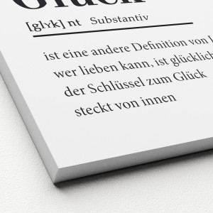 Pro Art Leinwandbild „Glück“, 30x30 cm, mit Definition des Wortes Glück in schwarzer Schrift auf weißem Grund.