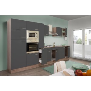 Respekta Küchenzeile KB360EYGMIGKE, 360 cm, Grau Seidenglanz mit Eiche York Dekor, inklusive Elektrogeräte.