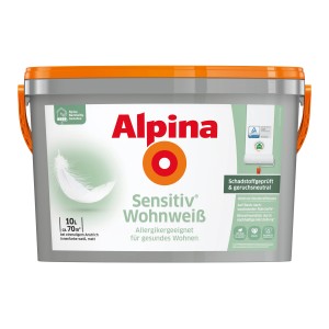 Eimer Alpina Sensitiv Wohnweiß, 10 Liter, weiße Wandfarbe für Allergiker, schadstoffgeprüft und geruchsneutral.