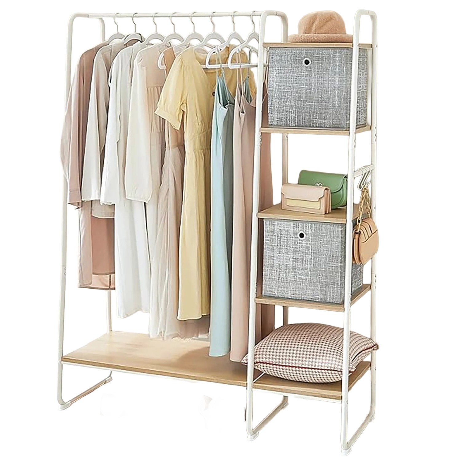 Songmics Kleiderständer Colten mit Ablagen in Eiche-Weiß, mit Kleidung, Boxen und Accessoires.