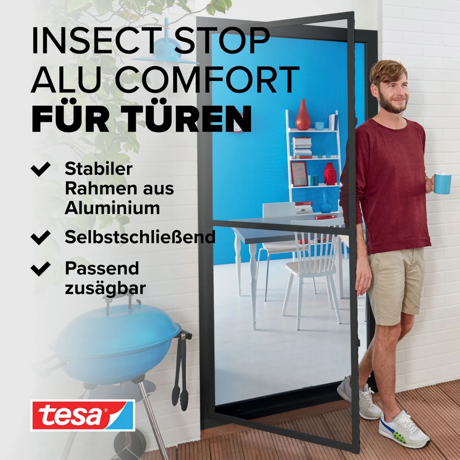 tesa® Insektenschutz-Tür mit Alurahmen in Anthrazit. Fliegengitter für Türen mit Selbstschließmechanismus.
