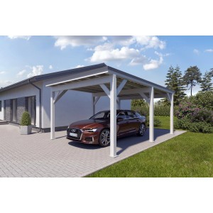 Holzbrüder Einzelcarport Ralf in Reinweiß mit dunklem Blechdach und Auto.