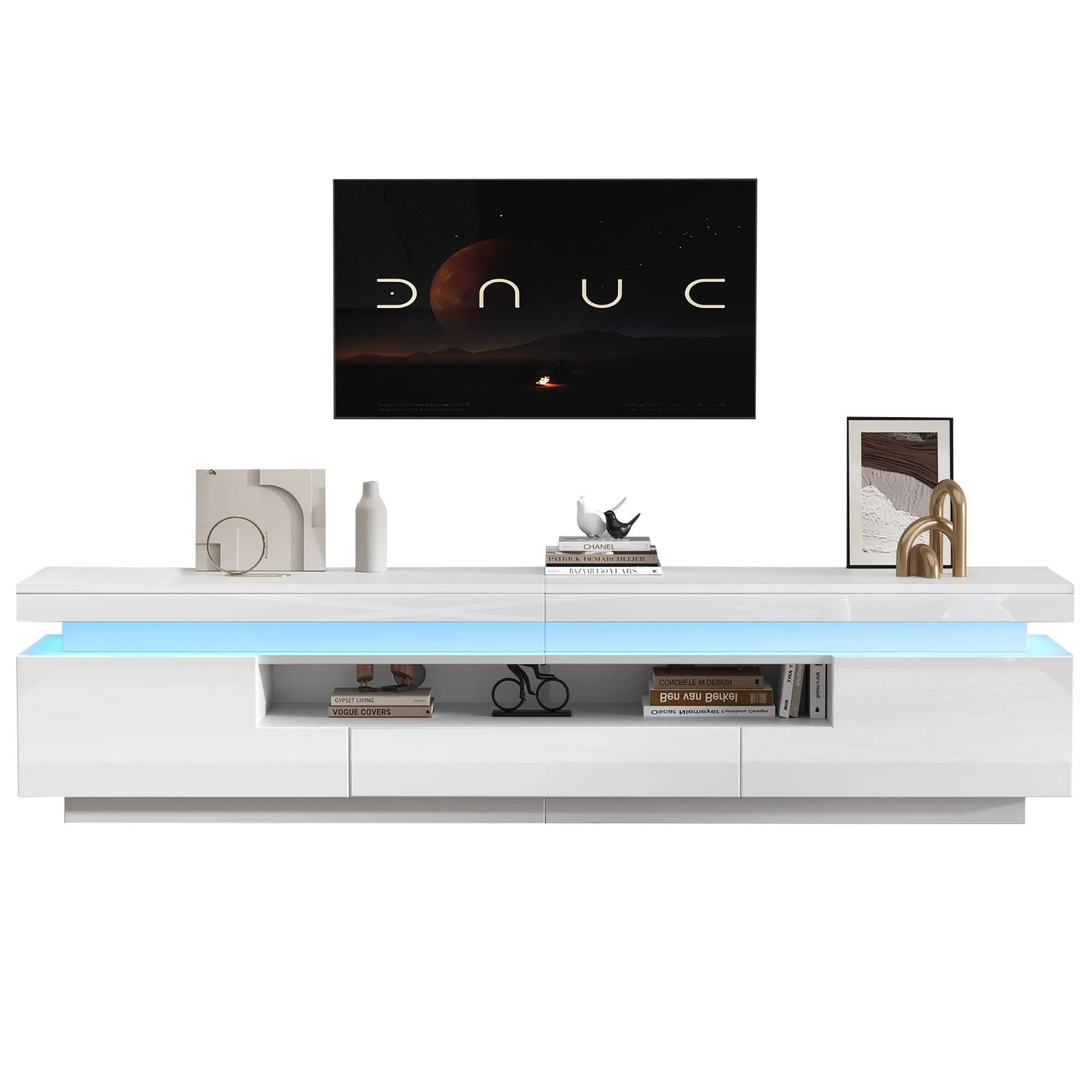 okwish TV Schrank mit LED Hochglanz Schublade Lowboard Wohnzimmer 75 Zoll 175x38x45cm Weiß_8
