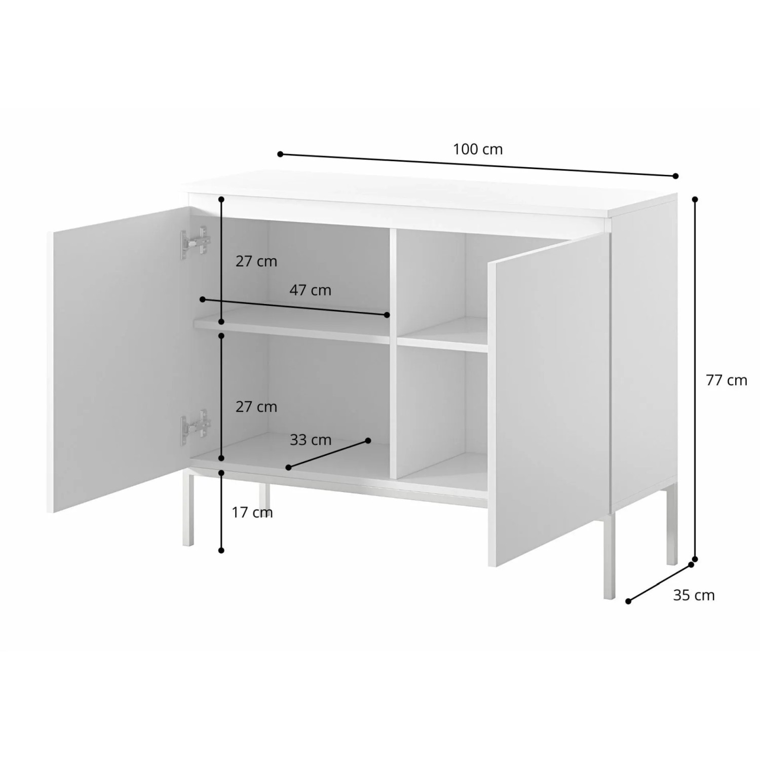 Selsey Sideboard Bemmi, Kaschmirgrau, 100 cm breit. Offene Türen zeigen 4 Fächer. Maße: 100x77x35 cm.