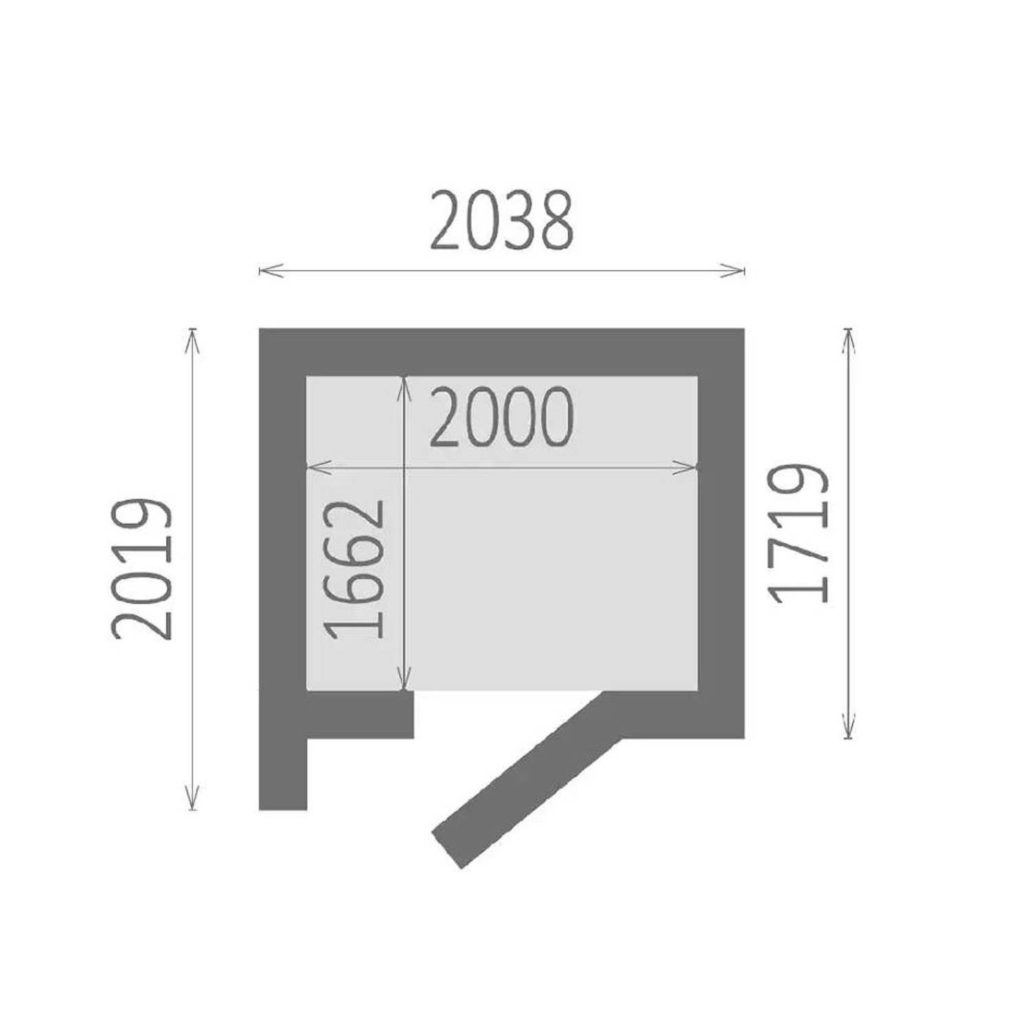Grundriss Gartenhaus Alpholz Bratek: Flachdach, unbehandelt, 204x202 cm, mit Maßangaben.