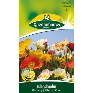 Samentüte Quedlinburger Islandmohn Mischung mit bunten Blüten in Gelb, Orange und Weiß.