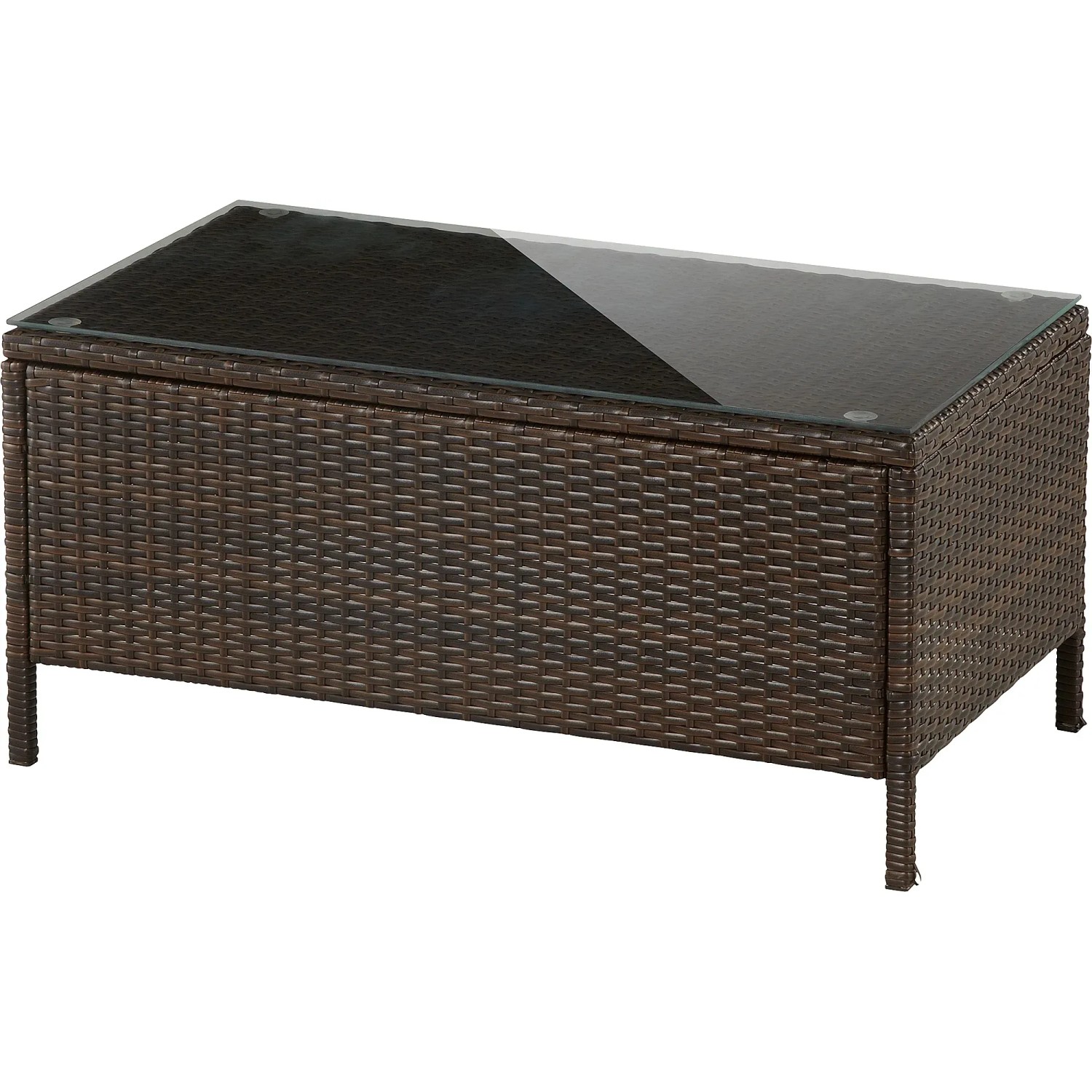 Tisch aus braunem Polyrattan mit Glasplatte, Teil des Gartenmöbel-Sets Canera.