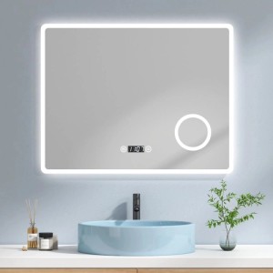 Emke Badspiegel 90x70 cm mit LED-Beleuchtung, digitaler Uhr, Temperatur und Touch-Schalter.
