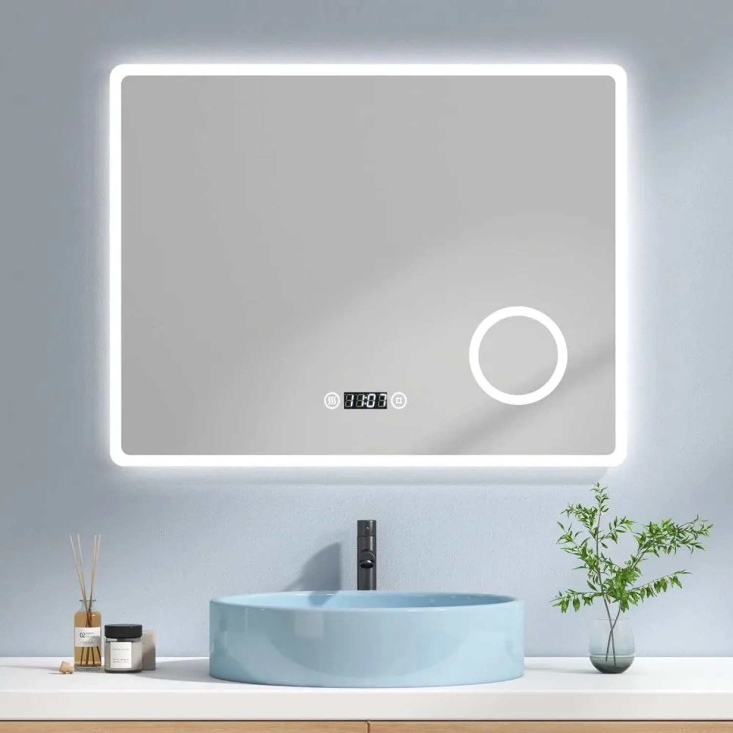 Emke Badspiegel 90x70 cm mit LED-Beleuchtung, digitaler Uhr, Temperatur und Touch-Schalter.