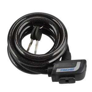 Schwarzes Fischer Spiralschloss (180 cm) mit zwei Schlüsseln, aufgerollt dargestellt.