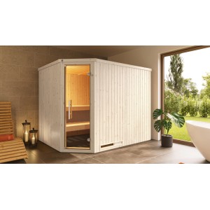 Weka Elementsauna Varberg 4 GT Trend mit Eckeinstieg und Glastür, Fichtenholz weiß lasiert.