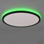 Schwarze, runde LED-Deckenleuchte Aureo mit indirekter, grüner RGB-Beleuchtung.
