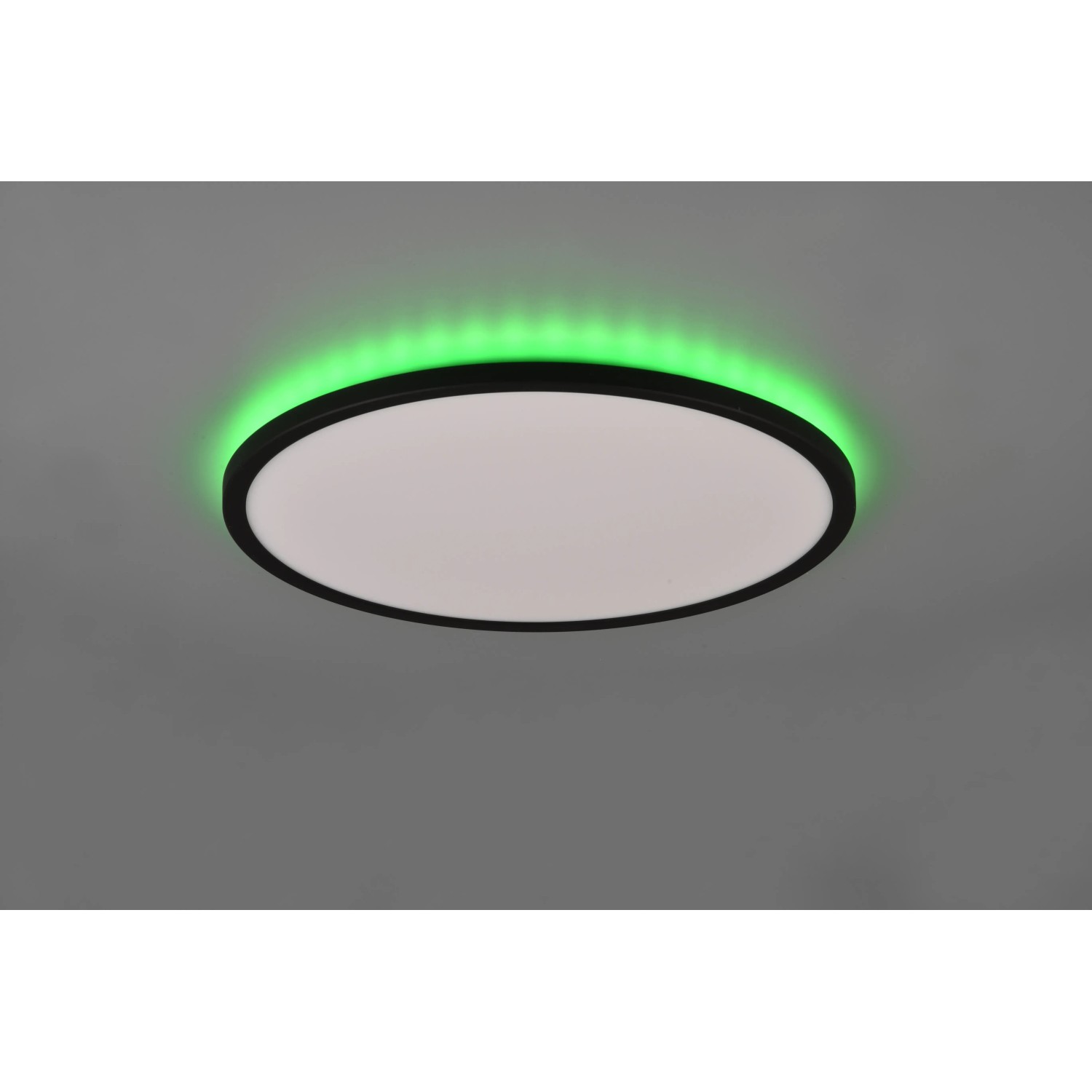 Schwarze, runde LED-Deckenleuchte Aureo mit indirekter, grüner RGB-Beleuchtung.