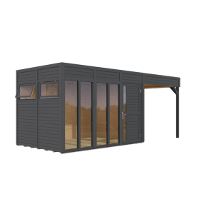 Anthrazitfarbenes Bertilo Elementgartenhaus Cubus 3 Office Lounge mit Überdachung.