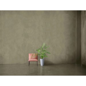 Raum mit Alpina Mineral Beton Effektfarbe in Braun-Grau, Stuhl und Pflanze.