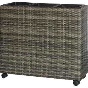 Anthrazit-grauer Polyrattan Pflanzkasten mit Rollen, 82x28x72 cm, mit 3 Pflanztöpfen.
