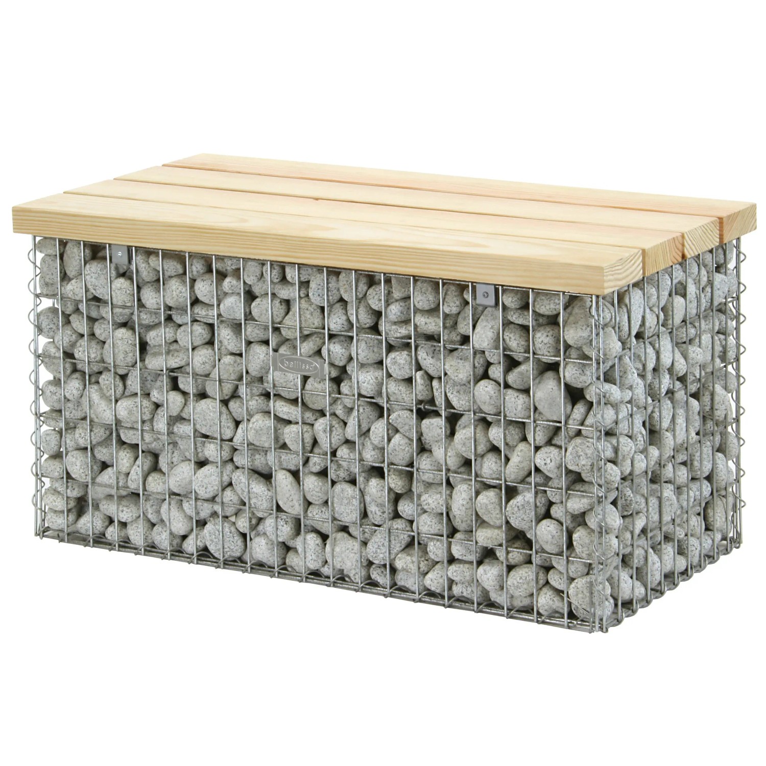 Gabionenbank mittel, 105 cm breit, mit Sitzfläche aus Douglasienholz und Steinfüllung.