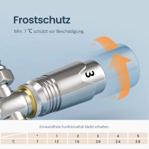 Emke Heizkörper Multiblock Ventil, verchromter Thermostatkopf mit Einstellung 3 und Frostschutz bei 7°C.