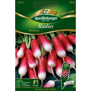 Samenpackung Quedlinburger Radieschen 'Mirabeau', rot-weiße, längliche Radieschen.