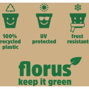 Symbole für: Recyceltes Plastik, UV-Schutz, Frostbeständigkeit des Elho Blumenkastens.