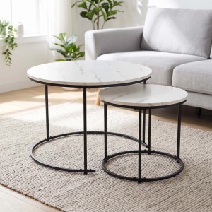 Relaxdays Satztisch 2er Set MDF Eisen Weiß Schwarz Rund Marmoroptik 45,5 cm x 60 cm 35,5 cm x 40 cm