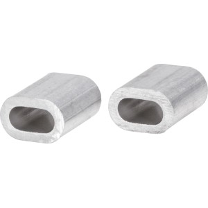Zwei ovale, silberne Aluminium Presshülsen (Ø 2 mm) für Drahtseile, 10 Stück.