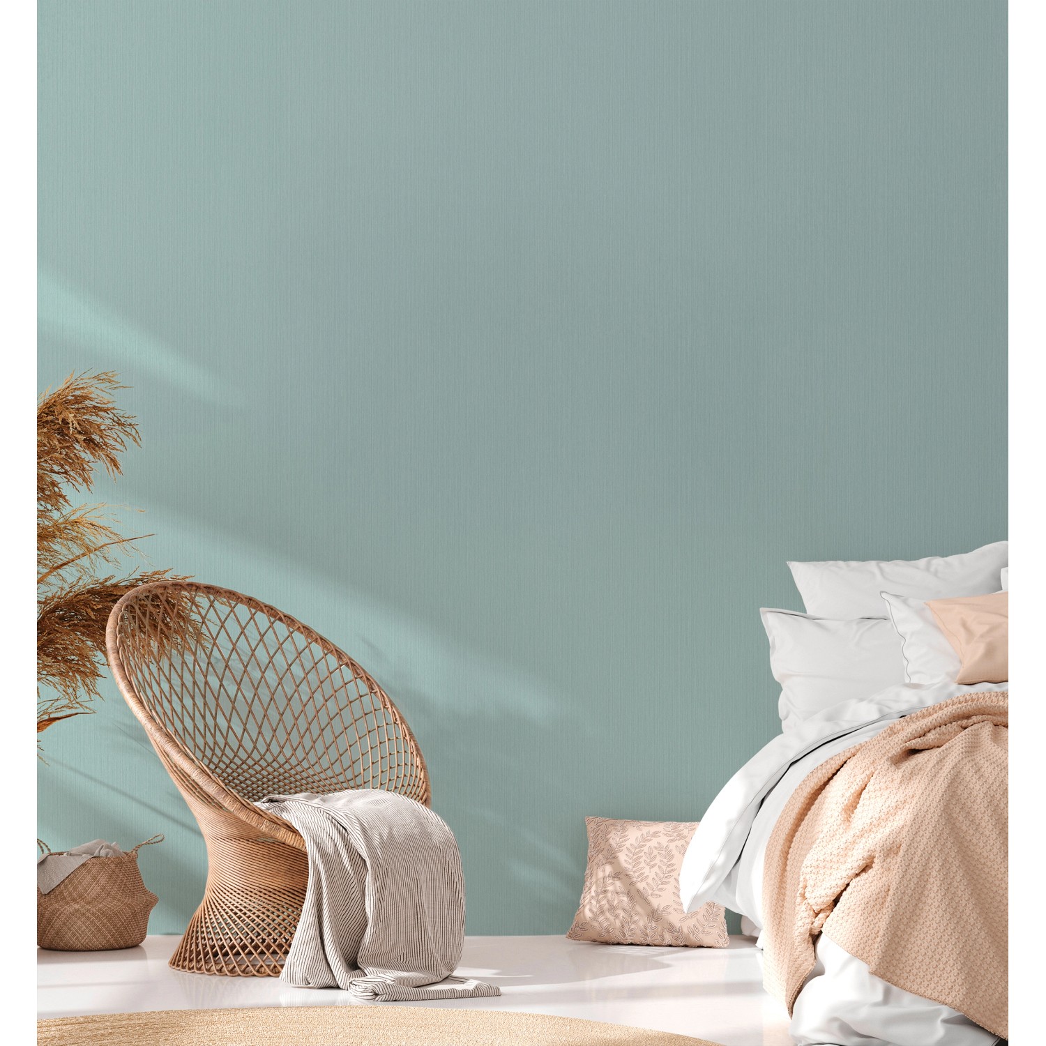 Michalsky Living Vliestapete Uni Blau an Wand im Schlafzimmer.