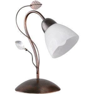 Trio Tischleuchte Traditio in Rost-antik mit weißem Schirm und dekorativen Blättern.