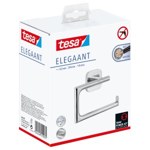 Verpackung des Tesa Elegaant Toilettenpapierhalters aus Chrom, einfache Montage ohne Bohren.