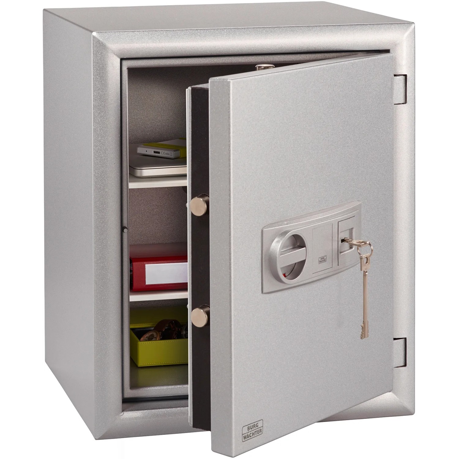 Burg-Wächter Wertschutzschrank MTD 760 K, Tresor mit geöffneter Tür, silber-metallic, mit Fachböden.