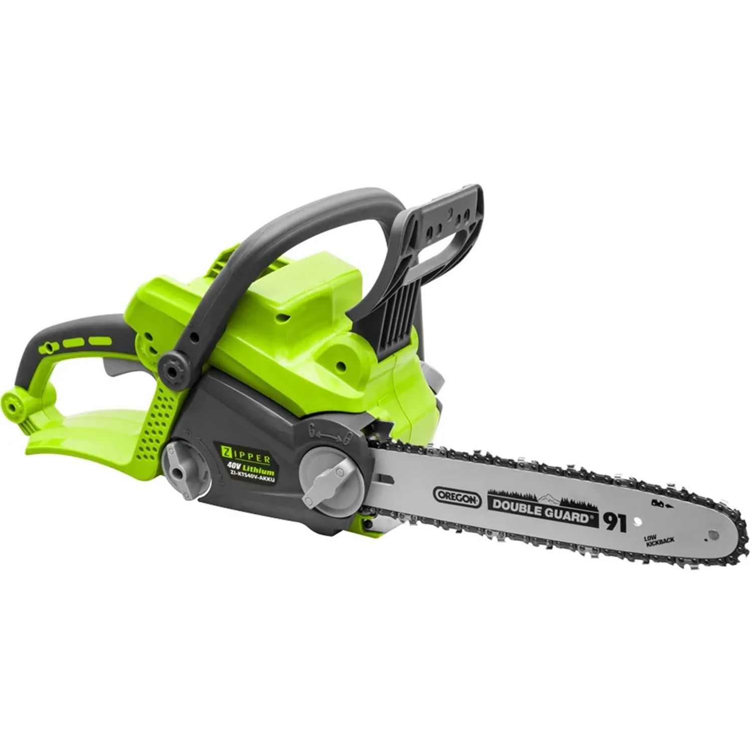 Grüne Zipper Akku-Kettensäge ZI-KTS 40 V Solo mit Oregon Schwert und Kette.