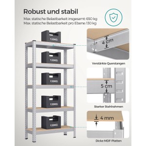 Songmics Schwerlastregal, 30x75x150cm, silbernes Stahlregal mit 5 Ebenen für Garage, Keller oder Lager.