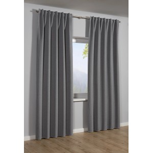 Silbergrauer Sehlbach Fertigschal Blackout Elegance, 140x245 cm, vor Fenster mit Gardinenstange.
