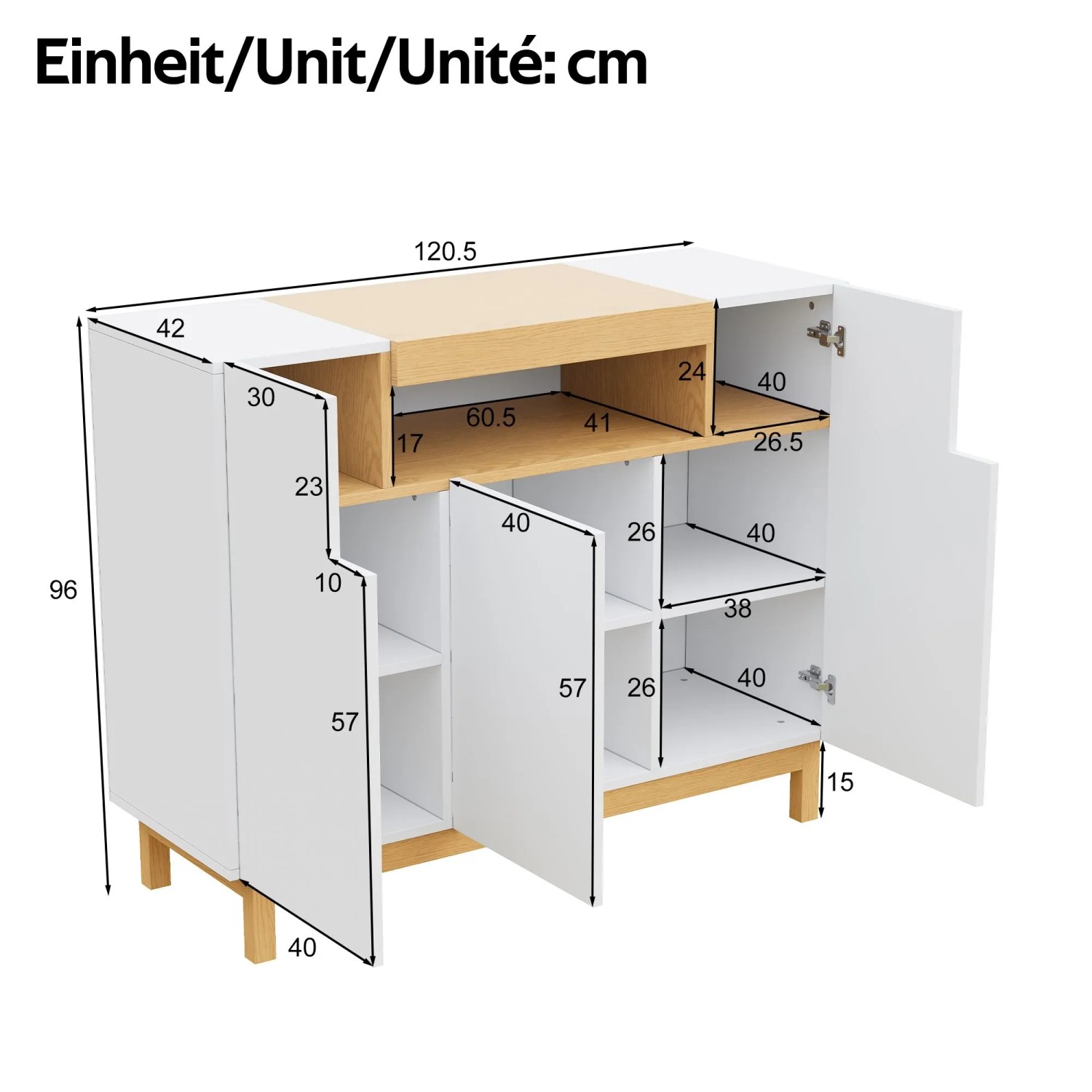 okwish Sideboard mit 3 Türen Wohnzimmer Esszimmer 120.5x42x96cm Weiß_5