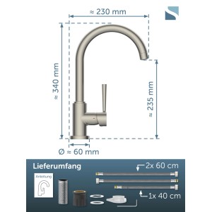 SCHÜTTE Spültischarmatur Cornwall aus gebürstetem Edelstahl, mit Maßen und Montagematerial. Inkl. Anschlussschläuche.