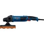 Bosch Professional GPO 11-180 S Polierer für Autopflege mit blauem Gehäuse und Polieraufsatz.